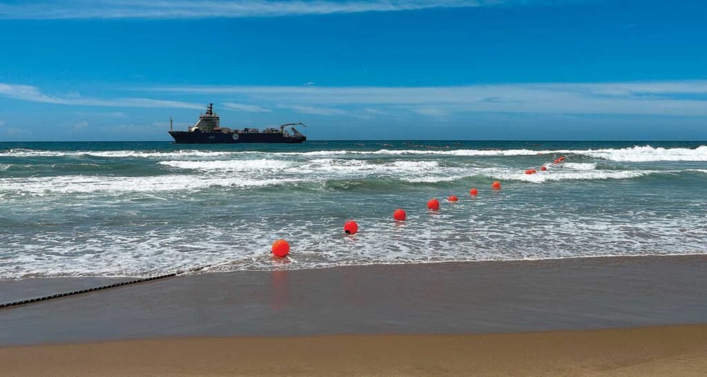 The 2Africa cable being brought ashore recently in Amanzimtoti near Durban
